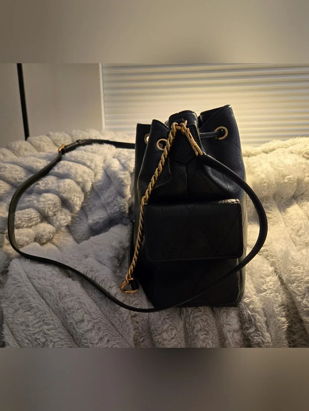 Tory Burch Charlie Black Quilted Leather Drawstring Bucket with Gold Chain